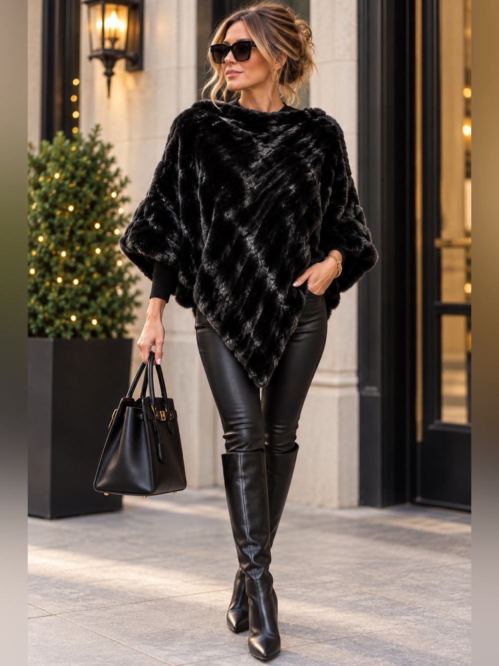 Donna Salyers Fabulous Furs Onyx Black Faux Mink Bateau Poncho Cape OS